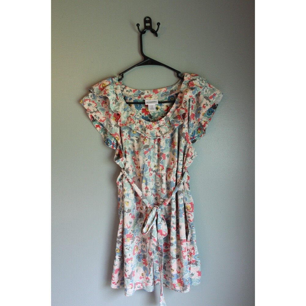 Motherhood Maternity Floral Tunic Dress Ruffle Cap Sleeve Belted Waist M